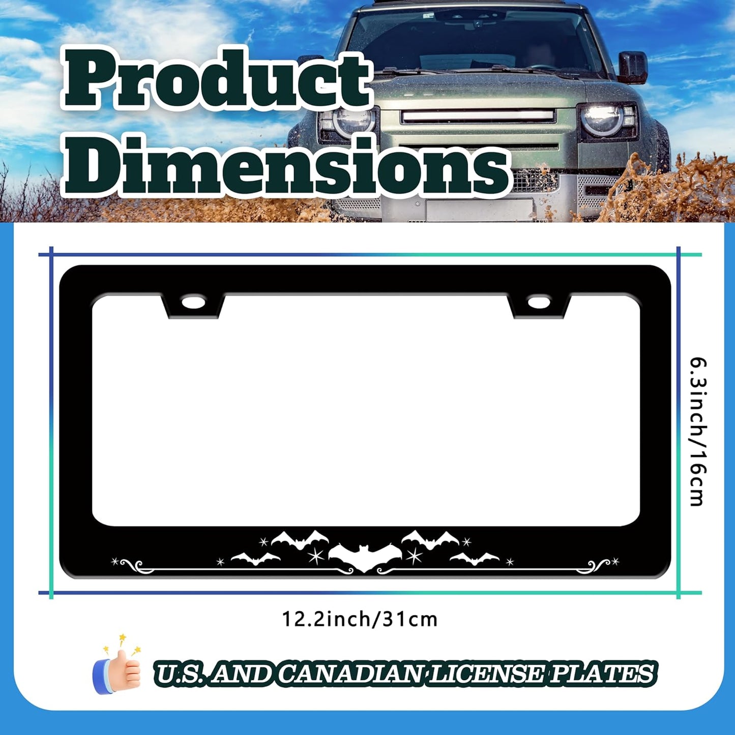 Bat License Plate Frame Funny Gothic Style License Plate Holder Animal for Front or Rear Car Tags Reusable Durable Stainless Steel Car Decoration with Screws 6.3 X 12.2 Inch for Men Women