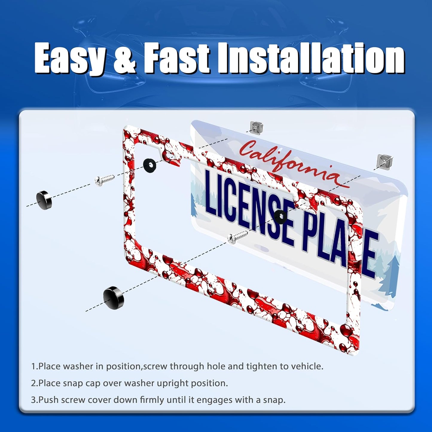 Scarry Blood Splattered License Plate Frame Halloween License Plate Stainless Steel Funny License Plate Holder Men Women Car Accessories Decoration With Screws Fits Standard Vehicles Size 12.3" x 6.3"