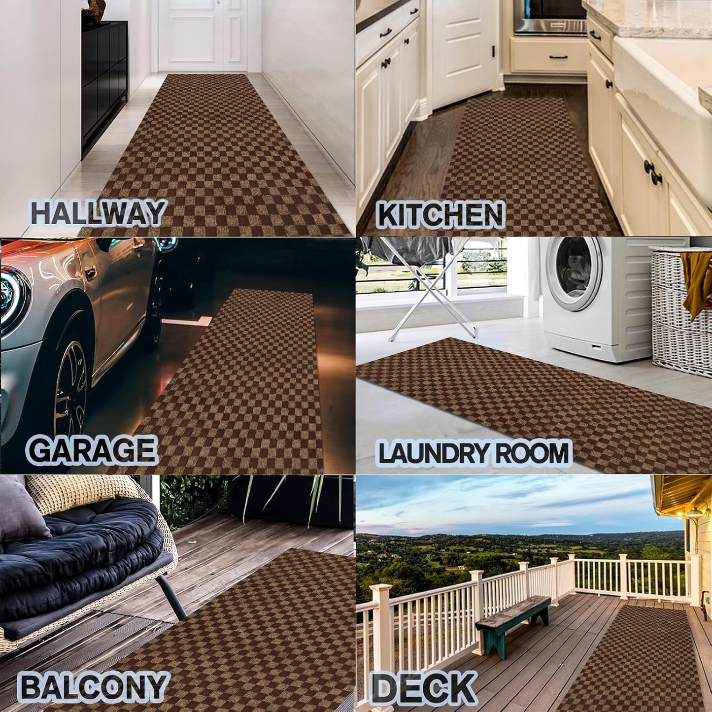 Custom Size Backed Non-Slip Area Rugs Runner, Easy Clean, Waterproof Runner Rugs for Hallway Entryway, Kitchen, Laundry, 4FT x 11FT, Brown Checkered