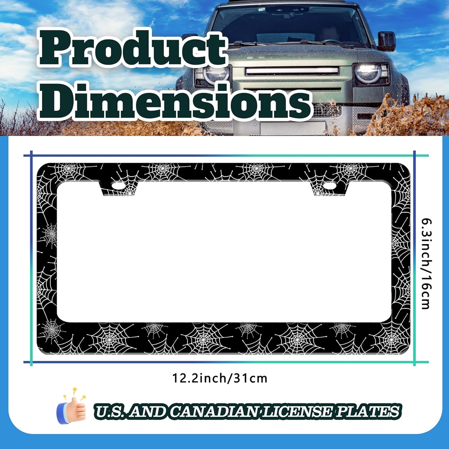 Spider Web License Plate Frame Gothic Style License Plate Holder Halloween for Front or Rear Car Tags Reusable Stainless Steel Funny Car Decoration with Screws 6.3 X 12.2 in
