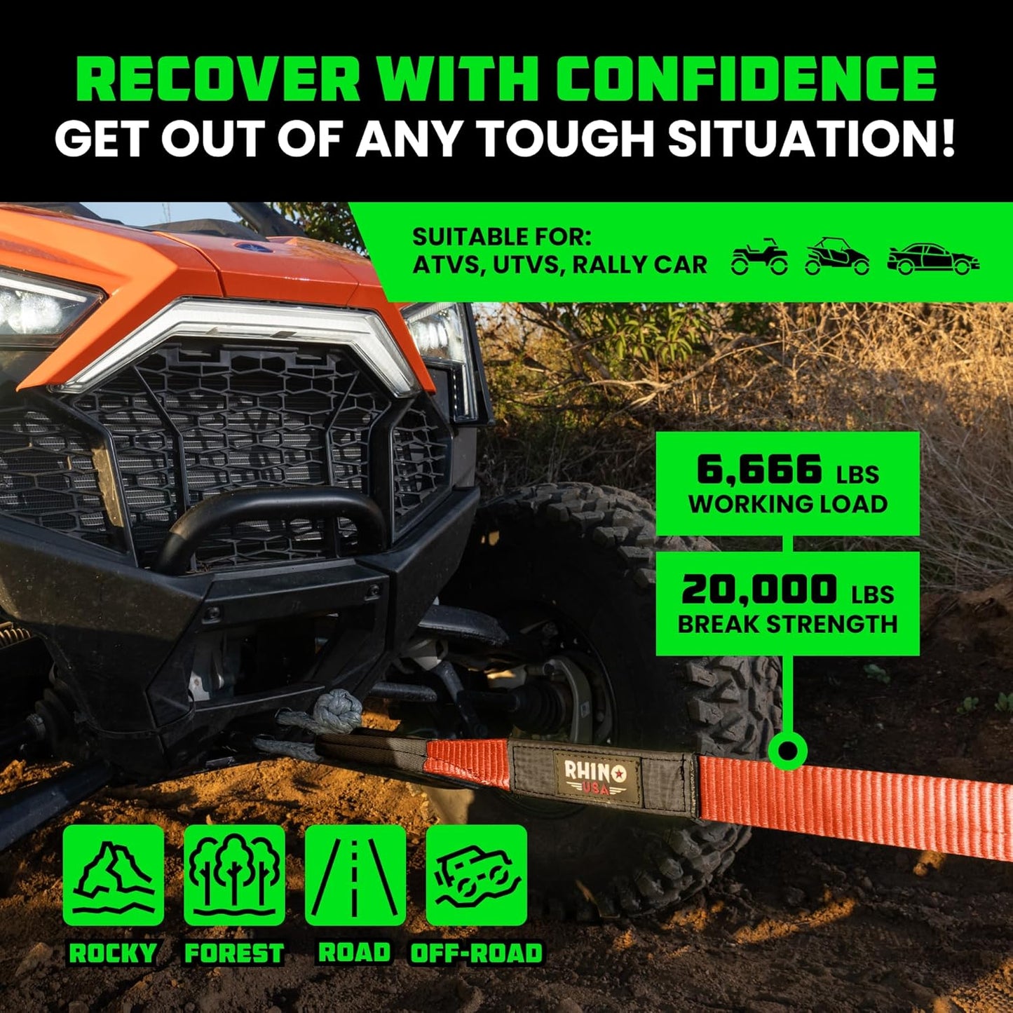 Rhino USA Recovery Tow Strap (2"x20')- 20,024lb Break Strength- Emergency Recovery Strap Tow Rope for UTV, ATV & More- Heavy Duty Towing Strap for Offroad 4x4 Use- Compatible with RZR and Can-Am (Red)