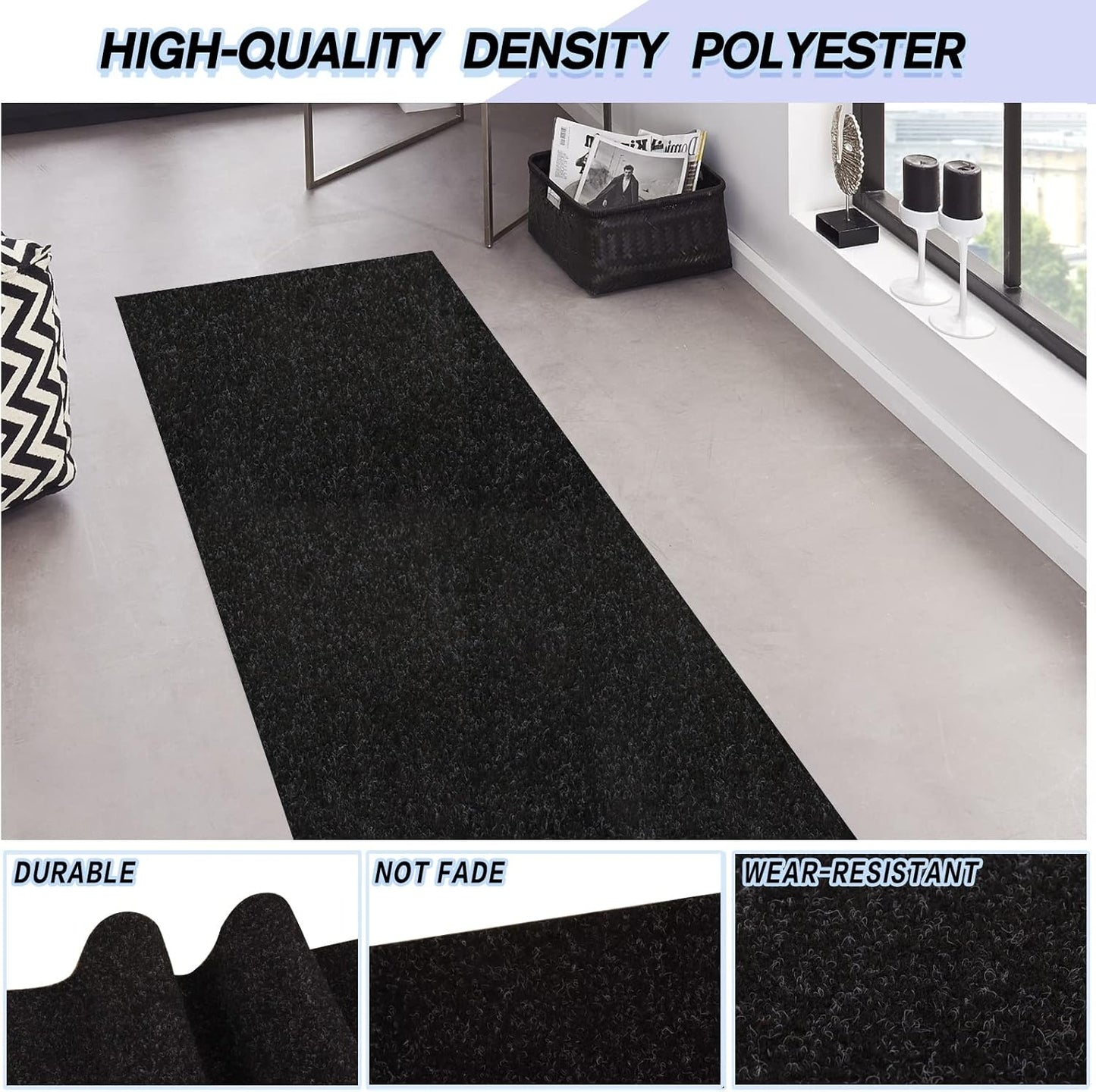 Custom Size Backed Non-Slip Area Rugs Runner, Easy Clean, Waterproof Runner Rugs for Hallway Entryway, Kitchen, Laundry, 3FT x 44FT, Black