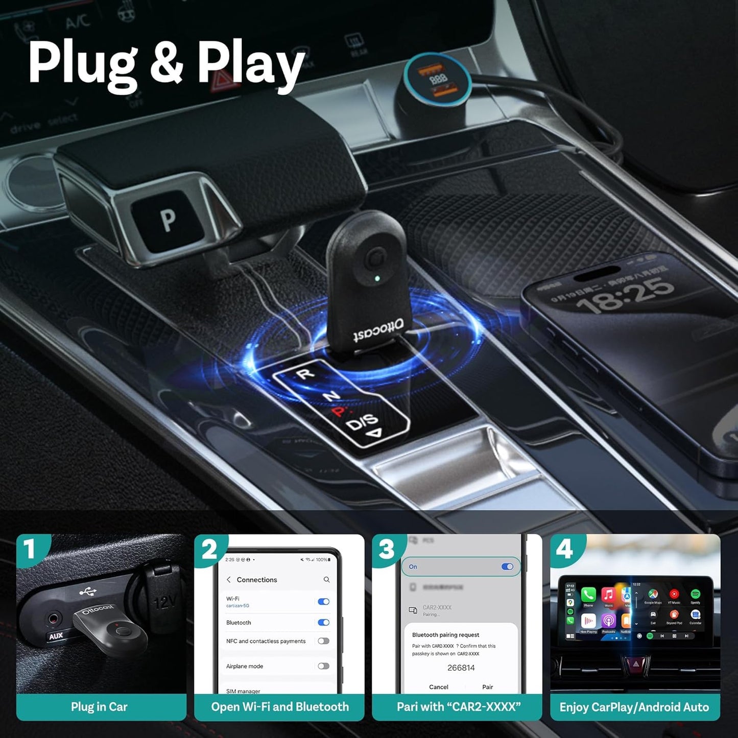 OTTOCAST Mini Dongle Wireless CarPlay Adapter for iPhone & Android Auto Adapter 2-in-1 Convert Wired to Wireless Apple Car Play, Plug & Play, USB-C, Low Latency (2016+ Cars, iOS 10+/Android 11+)