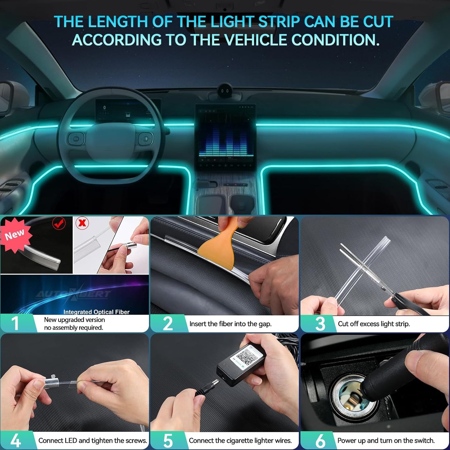 AUTOXBERT Car LED Interior Strip Lights, Multicolor RGB Ambient Lighting Kit 5 in 1 with 236 inches Fiber Optic, 16 Million Colors Lights with Sound Active Function & APP Control