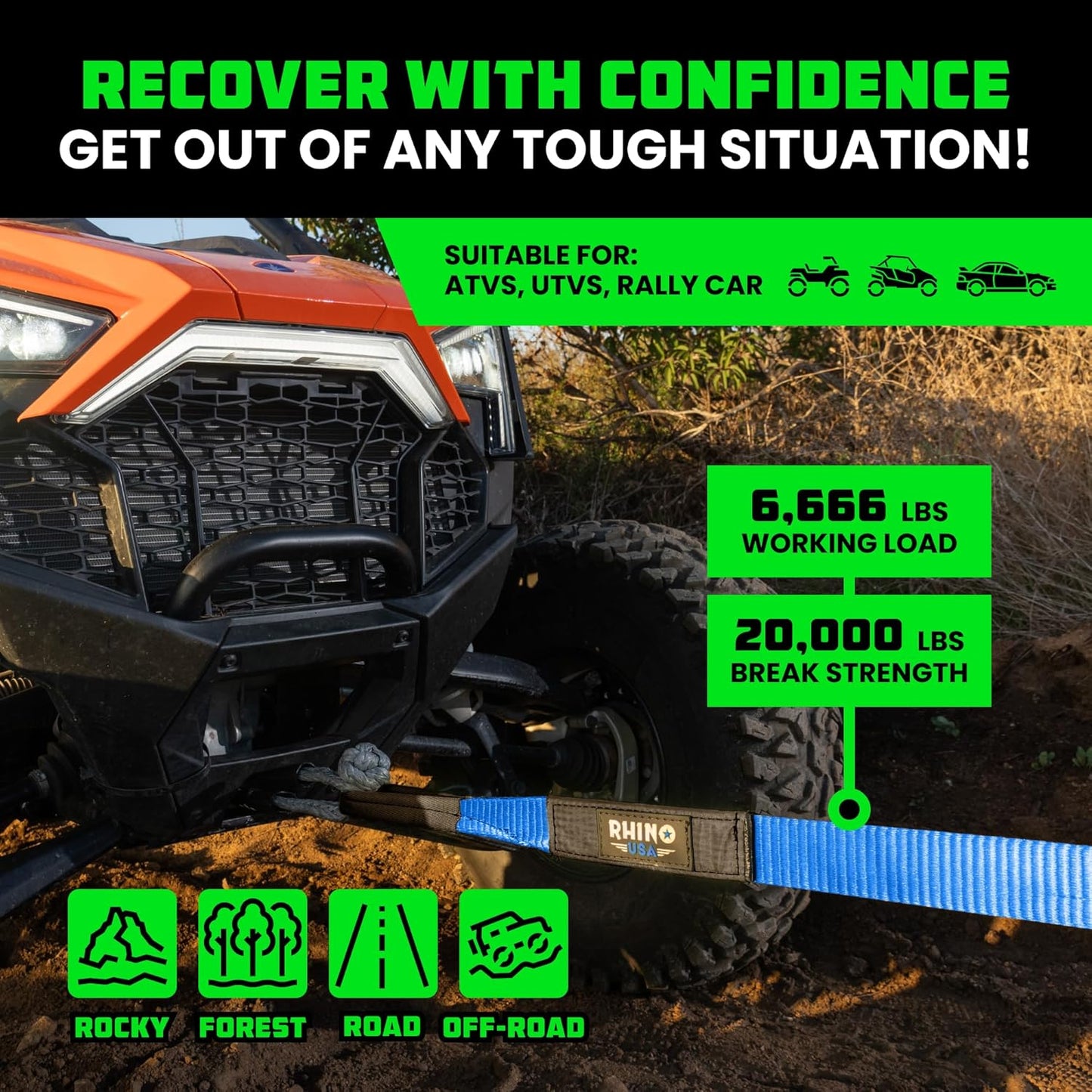Rhino USA Recovery Tow Strap (2"x20')- 20024lb Break Strength- Emergency Recovery Strap Tow Rope for UTV, ATV & More- Heavy Duty Towing Strap for Offroad 4x4 Use- Compatible with RZR and Can-Am (Blue)