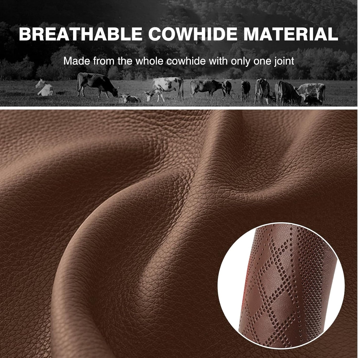 【2025 Model】 High-Grade Real Cowhide Steering Wheel Cover for Men Women，Brown Genuine Leather Steering Wheel Cover for Cars,Universal 14.5-15 inch Steering Wheels,Grid & Square Motif