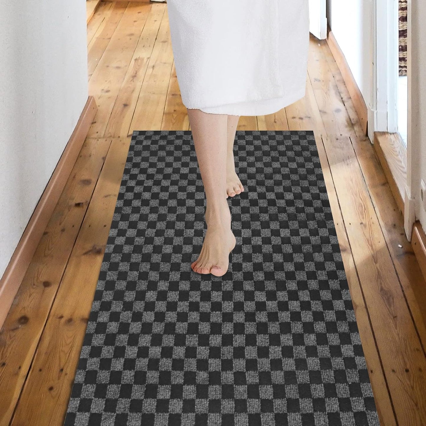 Custom Size Backed Non-Slip Area Rugs Runner, Easy Clean, Waterproof Runner Rugs for Hallway Entryway, Kitchen, Laundry, 3FT x 69FT, Gray Checkered