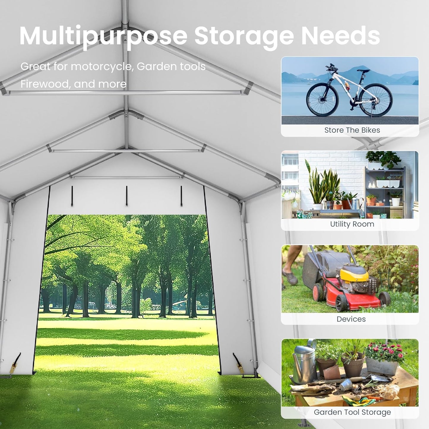 PHI VILLA 10'X15'*8.7' Outdoor Portable Storage Shelter Shed Garage with 2 Roll up Zipper Doors & Vents Carport for Motorcycle Waterproof and UV Resistant Anti-Snow Portable Garage Kit Tent, Gray