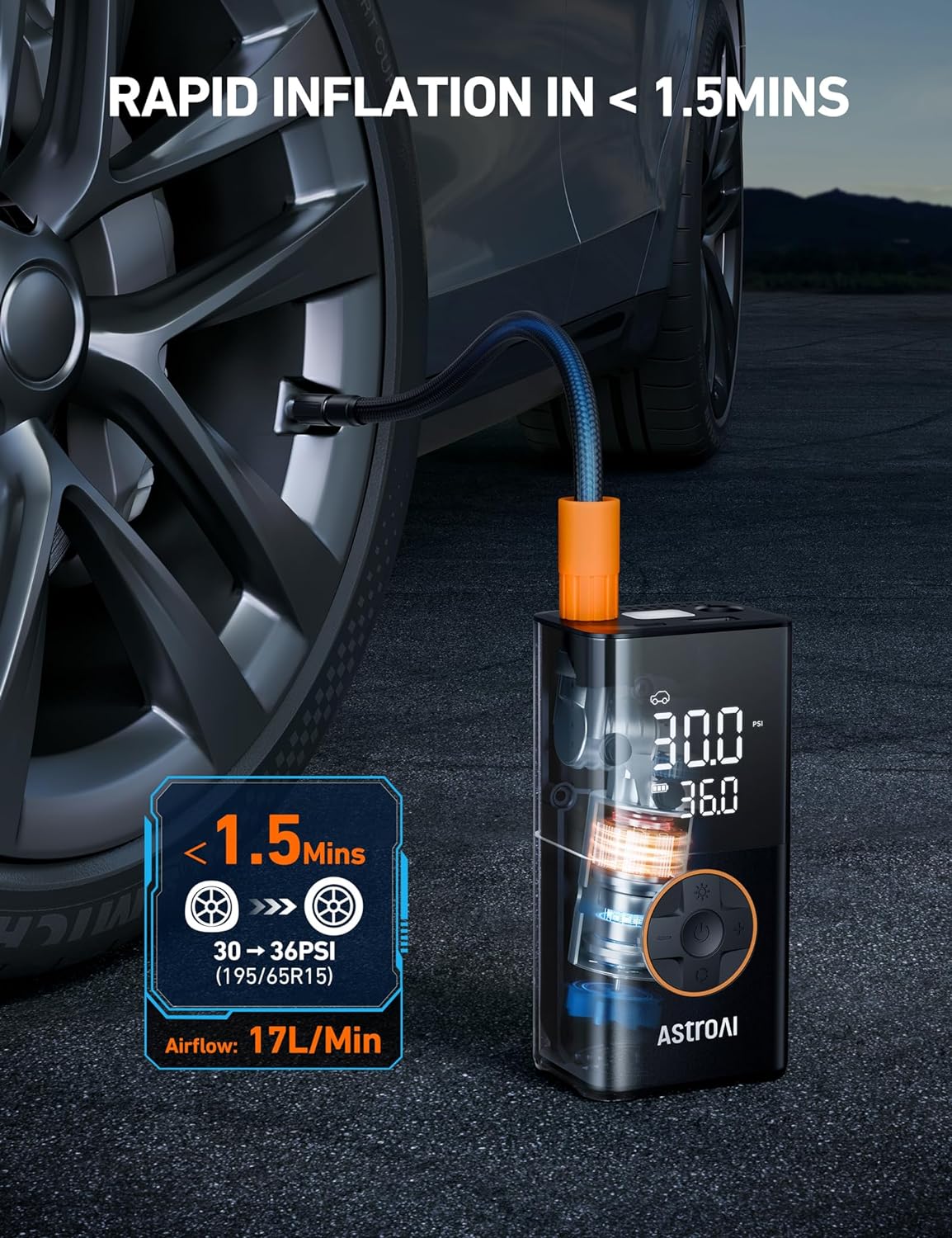 AstroAI L7 Tire Inflator Portable Air Compressor Cordless Mini Bike Pump with Digital Dual Values Display, 150 PSI Car Tires Air Pump with LED Lights&Pressure Gauge for Auto, Motorcycles, Bikes, Balls