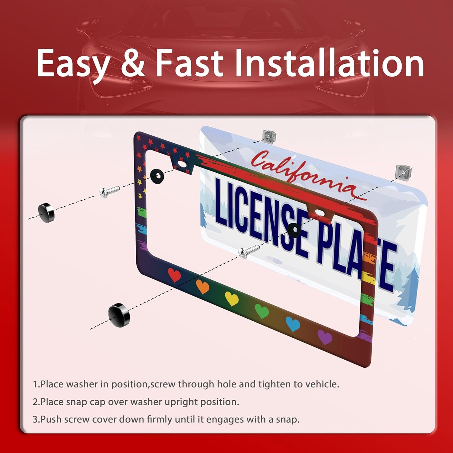 Rainbow Heart License Plate Frame Gay Pride LGBT License Plate Frames Stainless Steel Accessories Cars Decor with 2 Holes and Screws Fits Standard US CA Vehicles Size 12.2 x 6 Inches