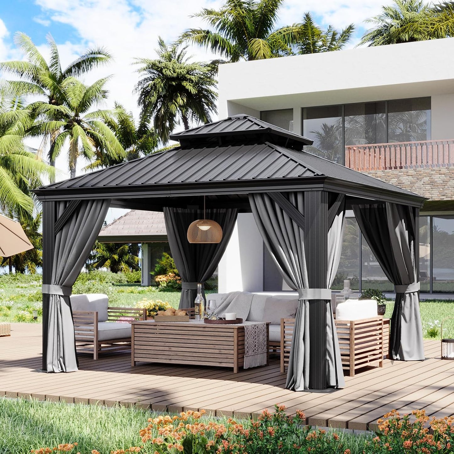 Aoxun 12' X 12' Hardtop Gazebo with Drainage System, Aluminum Outdoor Gazebo with Galvanized Steel Double Roof, Patio Permanent Metal Pavilion with Netting, for Garden, Deck, Grey