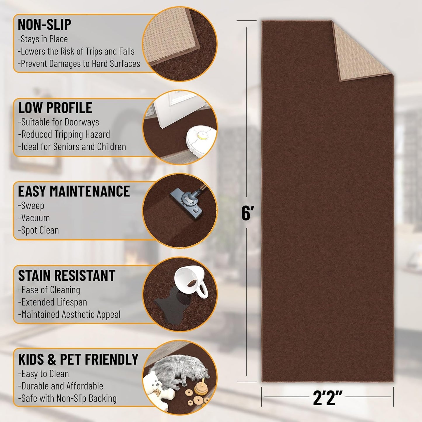 Ottomanson Hallway Runner Rug 2'2" x 6' Non Slip Solid Area Rugs Easy to Clean Laundry Rug Runner Durable & Pet Friendly Floor Carpet Runners for Hallways Entryway Living Room Kitchen, Brown