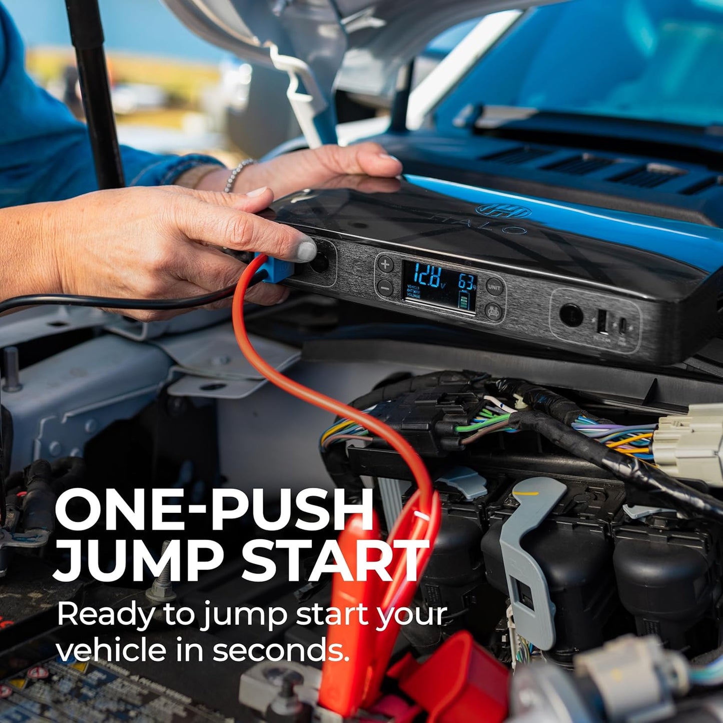 HALO Bolt Ultimate 2 Portable Car Battery Jump Starter | 130 PSI Air Compressor, 55.5Wh USB Power Bank with AC Outlet, Emergency Floodlight & Charger, Jumps Cars SUVs & Trucks, Inflates Tires — Blue