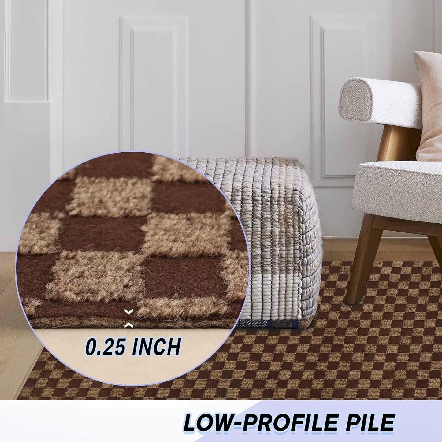 Custom Size Backed Non-Slip Area Rugs Runner, Easy Clean, Waterproof Runner Rugs for Hallway Entryway, Kitchen, Laundry, 2FT x 11FT, Brown Checkered