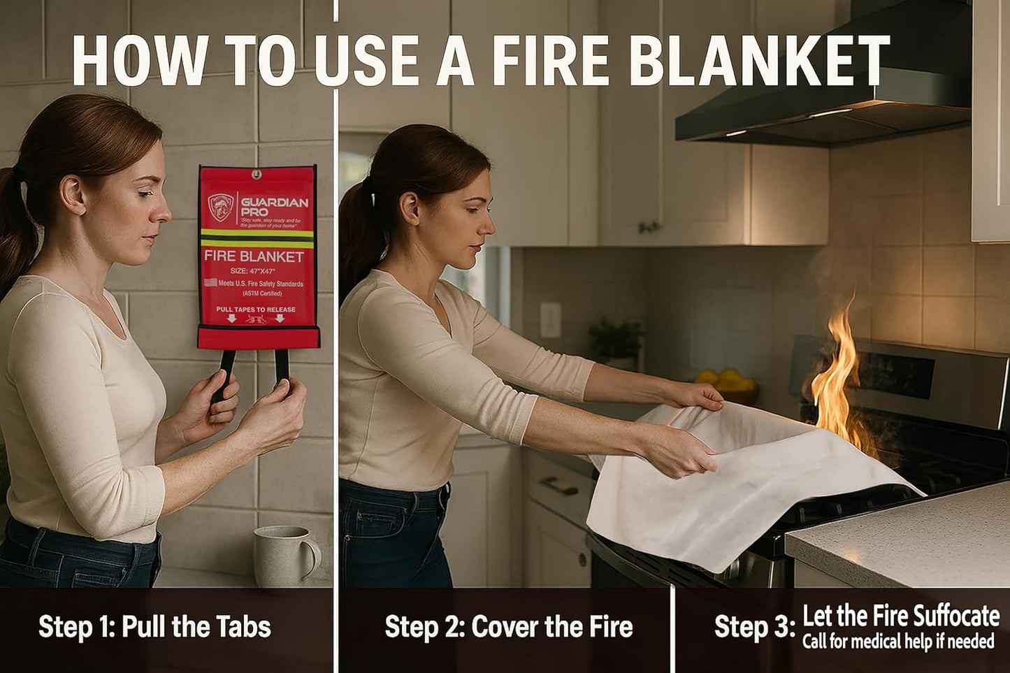 Emergency Fire Blanket for Home and Kitchen - 47"x47" - Must Have Fire Protection - Fire Suppression Fiberglass Fire Blankets for House Camping Car Office Emergency Survival Safety (2 Pack)