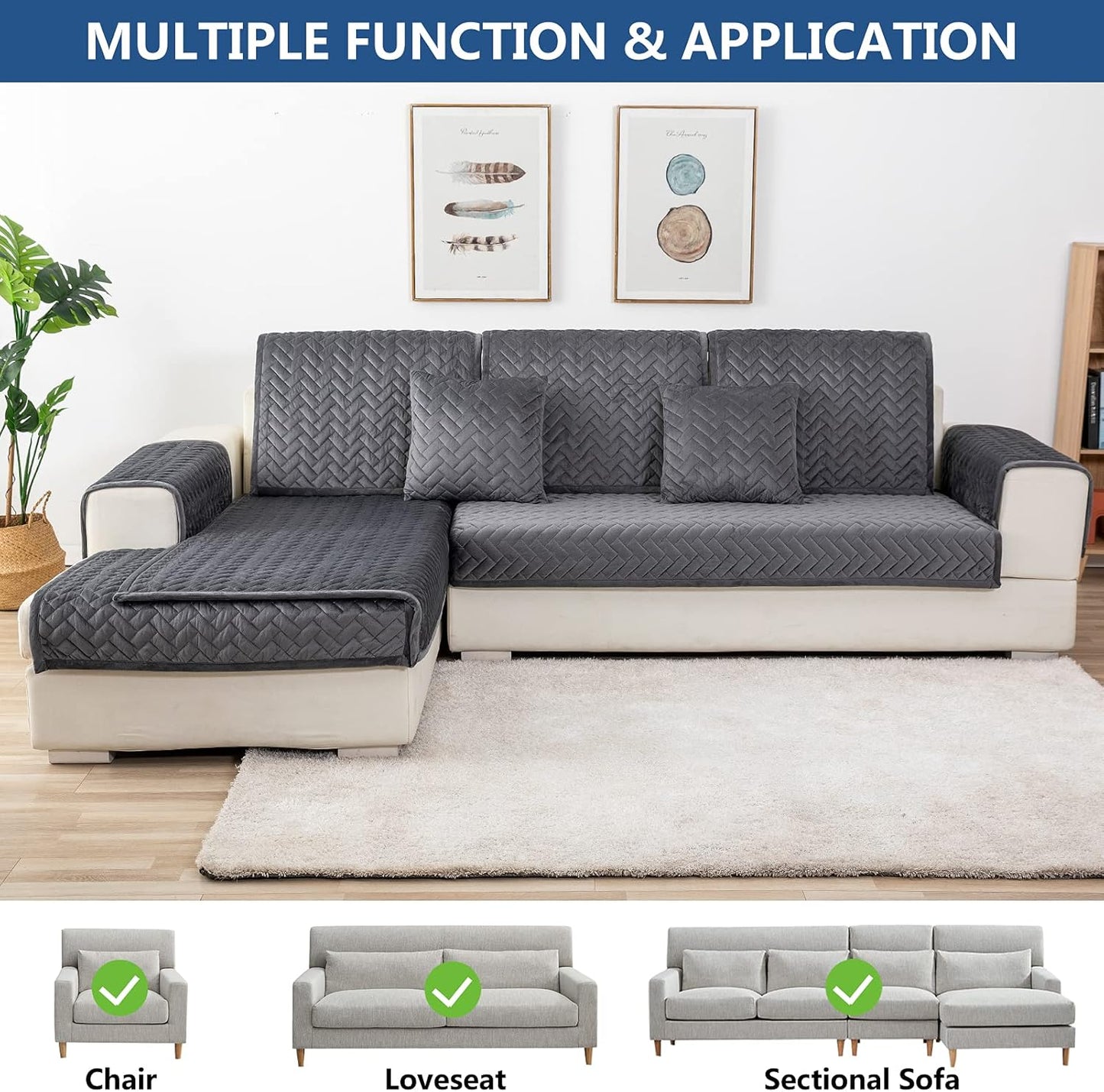 Eismodra Couch Cover,Sectional Couch Covers,Sofa Covers for 3 Cushion Couch,Anti-Slip Sofa Slipcovers for Dogs Cats Kids Loveseat Recliner L Shaped Armrest Backrest,Dark Gray 36''x63''(Only 1 Piece)