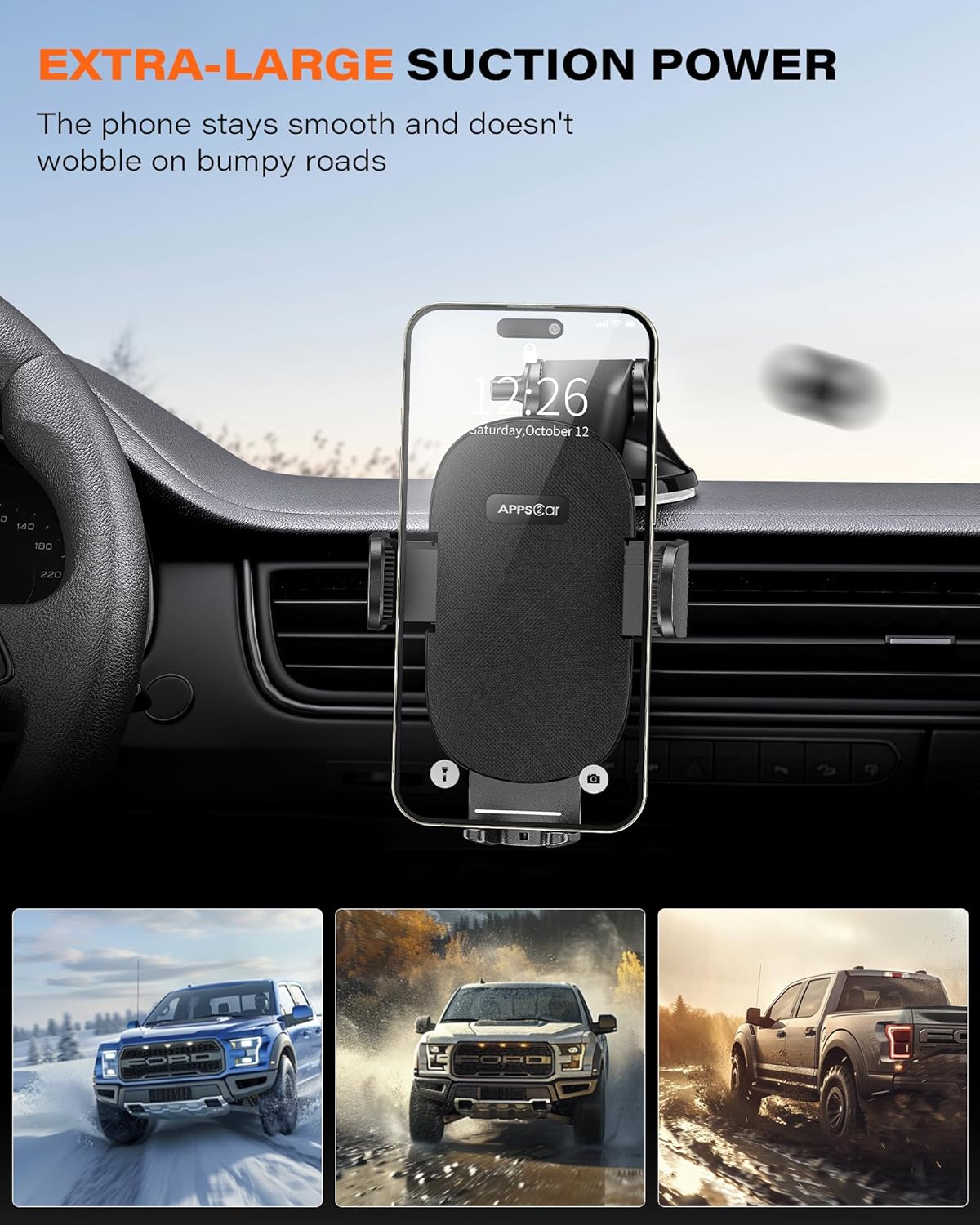 APPS2Car Car Phone Holder Mount, Dashboard/Windshield/Cell Phone Holder for Car, Compatible with iPhone, Samsung, All Phones,Black