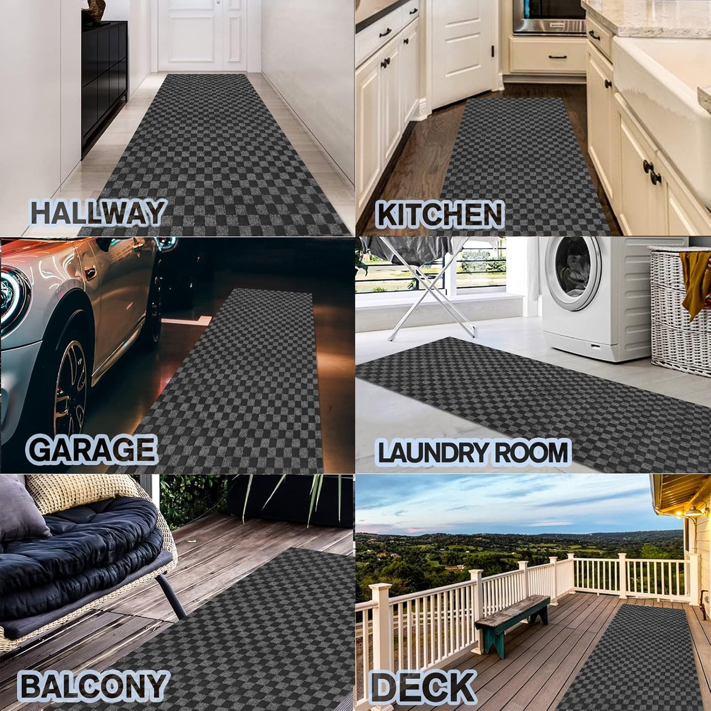 Custom Size Backed Non-Slip Area Rugs Runner, Easy Clean, Waterproof Runner Rugs for Hallway Entryway, Kitchen, Laundry, 3FT x 20FT, Gray Checkered