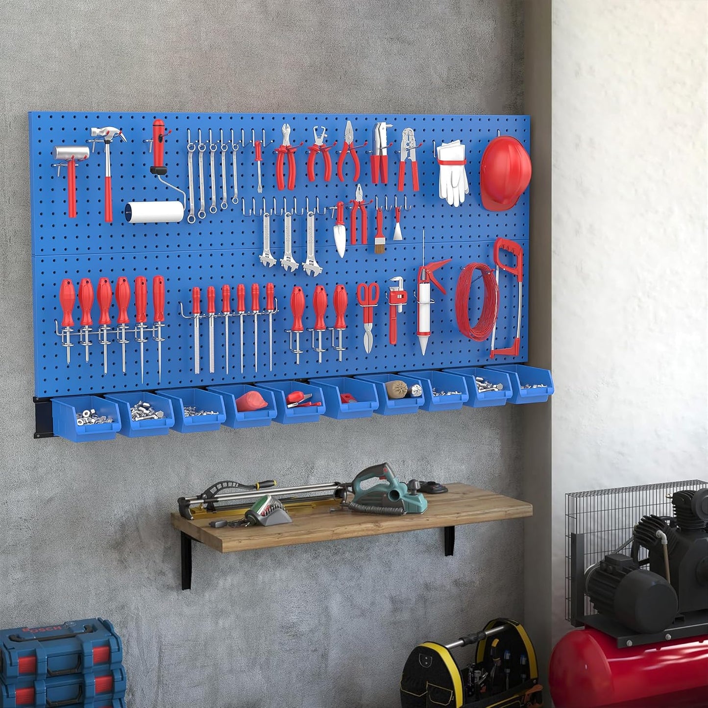 Ultrawall Pegboard Wall Organizer, Blue Metal Peg Board Panels, Garage Storage System with Hooks and Storage Bins, 59pcs
