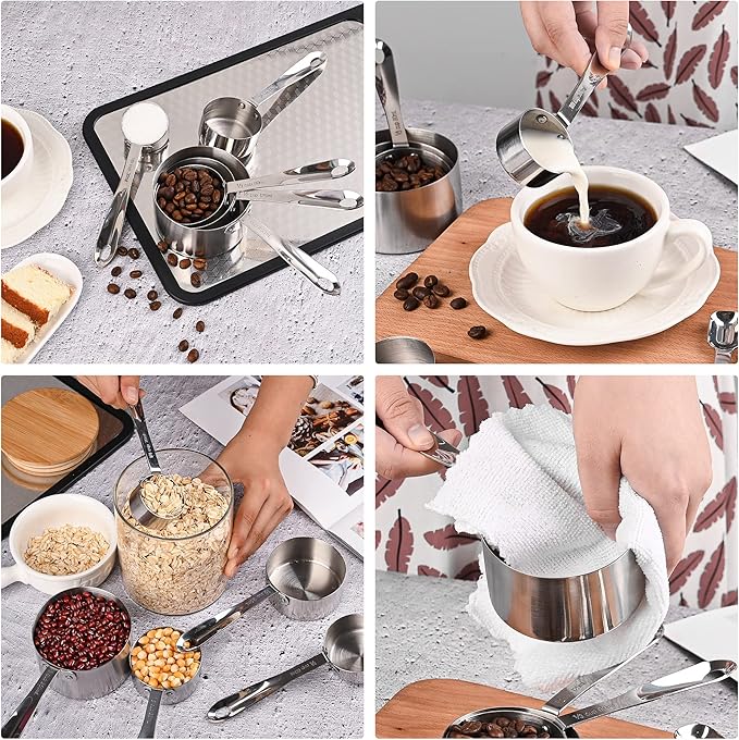 Measuring Cups Set of 5, Stainless Steel Measuring Cups Set, Kitchen Measuring Cup Set, Metal Measuring Spoons for Baking, Dry Measuring Cups, Heavy Duty Measurement Cups with 1/8 Measure Cup