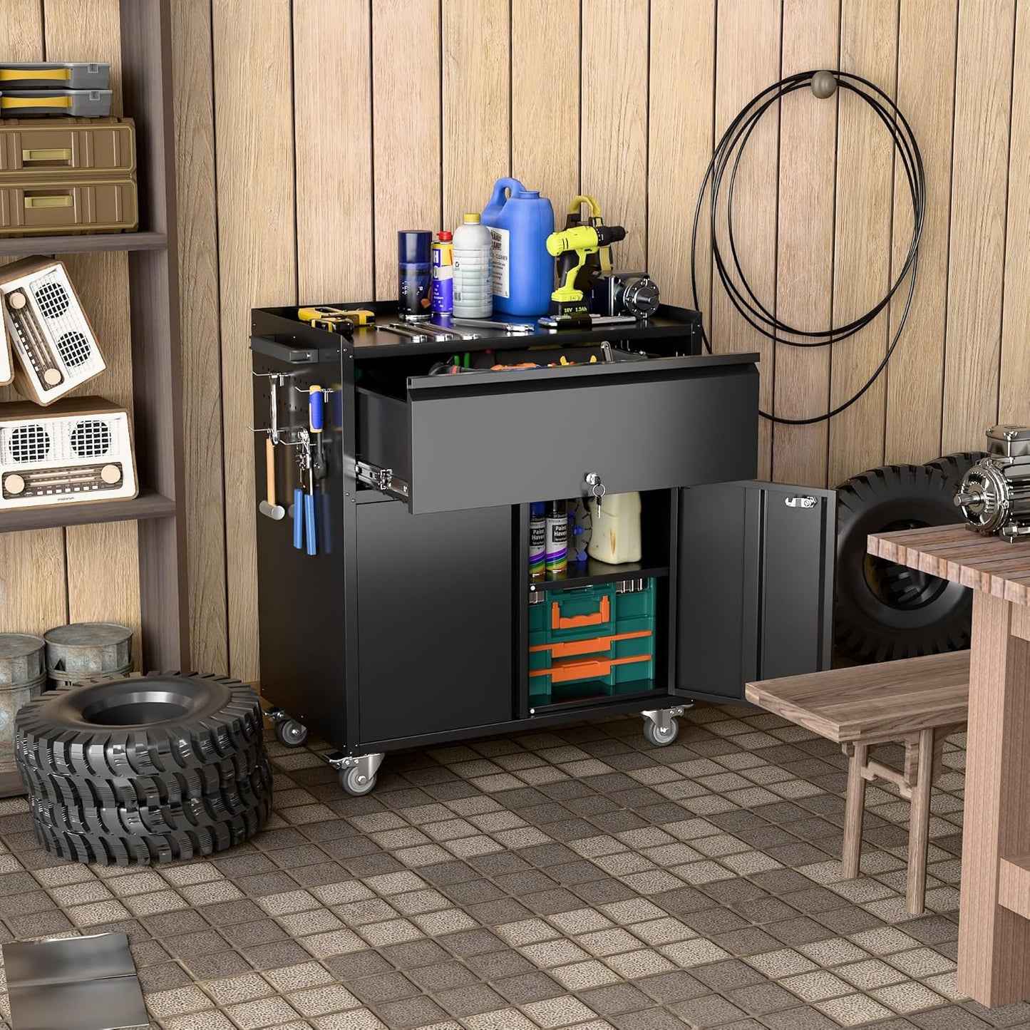 Metal Garage Storage Cabinet with Wheels and Pegboard, 35.4" H Lockable Tool Storage Cabinet with One Drawer, Adjustable Shelf and 4 Hooks for Garage, Warehouse, Black